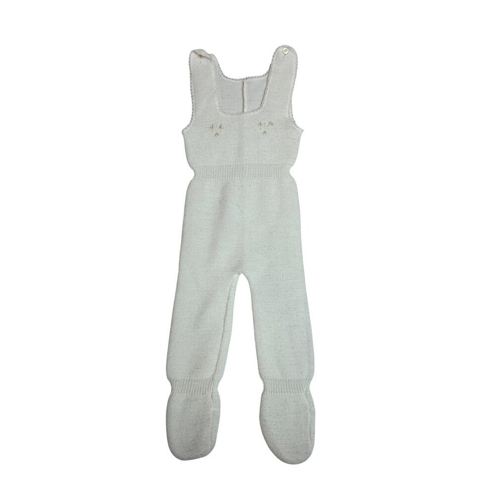 Handmade Baby Knitted White Romper w/ Footies Embroidered Floral Accents 0-3 M